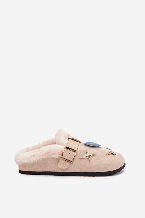 Kapcie Damskie Z Ozdobami I Klamrą Ocieplane Futerkiem Beżowe Thalora