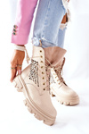 Damskie Skórzane Ażurowe Botki Trapery Beżowe Small Hootie