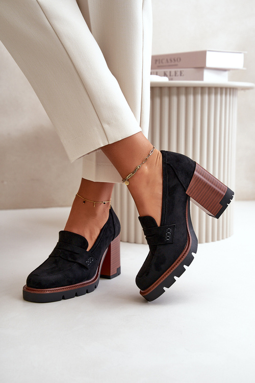 Półbuty Damskie Na Obcasie Słupku Z Eko Zamszu Czarne Vinceza 58105