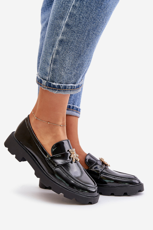 Lakierowane Damskie Mokasyny Z Misiem Czarne Kaithra