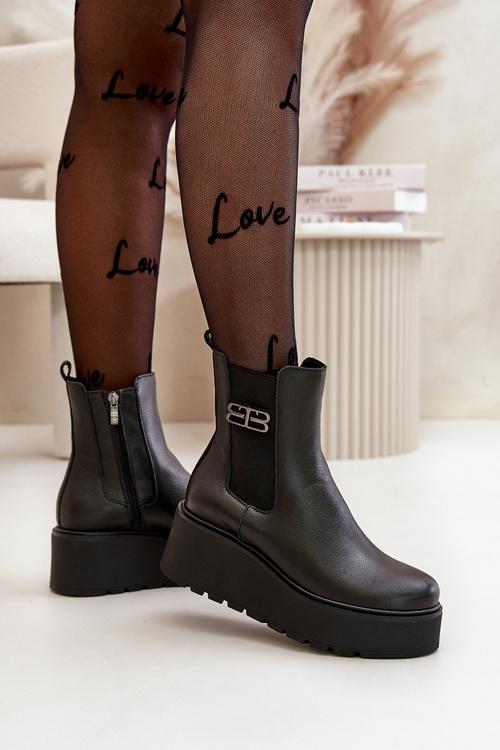 Zazoo 60498 Damskie Skórzane Botki Sztyblety Na Platformie I Koturnie Czarne