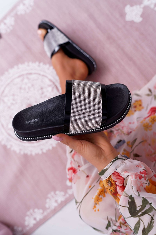 Klapki Damskie Profilowane Z Cyrkoniami Czarne Rentre