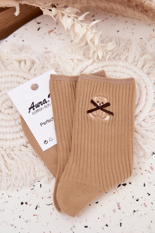 Bawełniane Skarpetki W Prążki Z Misiem Jasnobrązowe