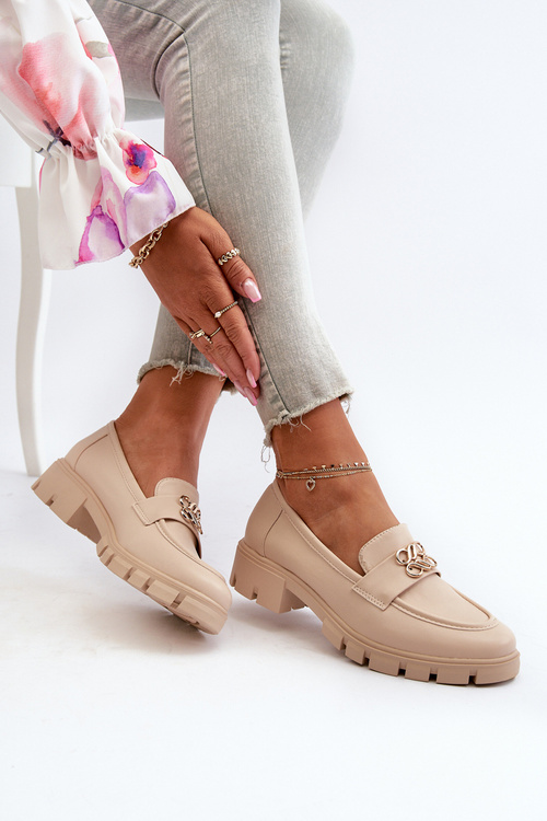 Eleganckie Mokasyny Damskie Ze Złotą Ozdobą Beżowe Tosisa