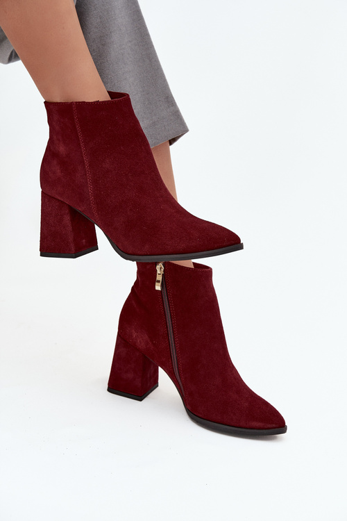 Botki Z Naturalnego Zamszu Obcas Słupek Ocieplane Bordowe Zazoo 3128