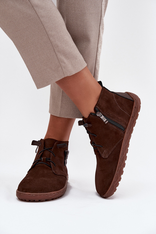 Zamszowe Półbuty Barefoot Damskie Z Ozdobnym Detalem Zazoo 30072 Czekoladowe