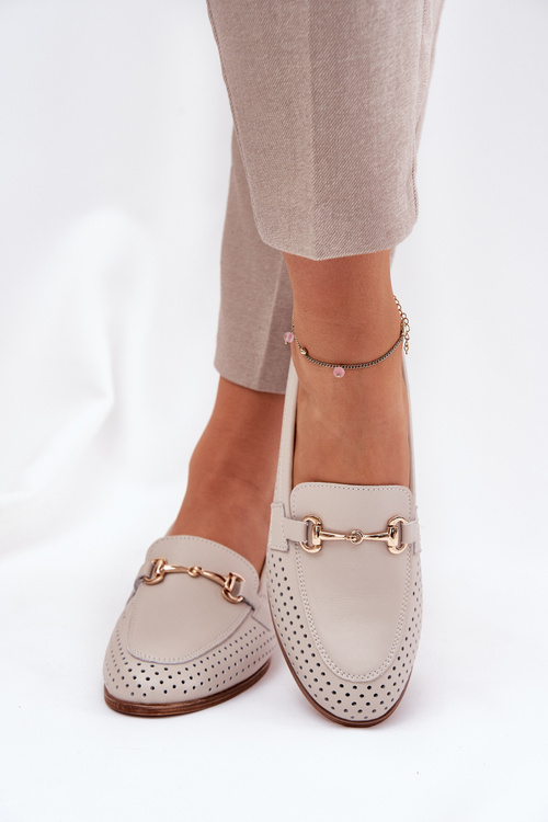 Skórzane Mokasyny Damskie Z Ozdobą Na Płaskim Obcasie S.Barski LR51-588 Beżowe