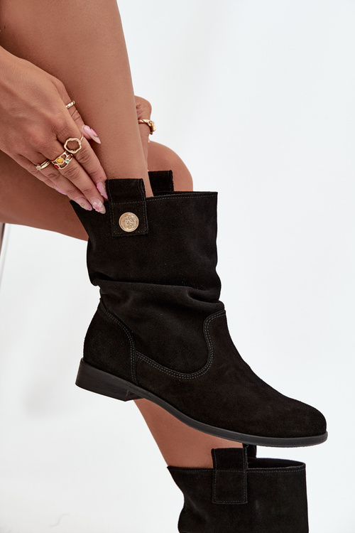 Skórzane Zamszowe Botki Damskie Z Marszczeniem Ocieplane Zazoo 4210 Czarne