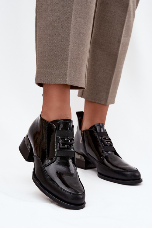 Lakierowane Skórzane Półbuty Damskie Na Niskim Obcasie Z Ozdobnym Detalem Vinceza 91161 Czarne