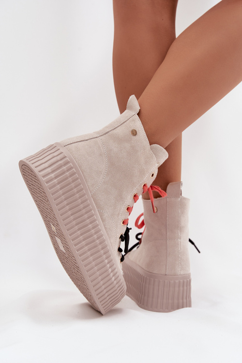 Zamszowe Ocieplane Trampki Damskie Na Masywnej Platformie GOE SS2N4047 Beżowe