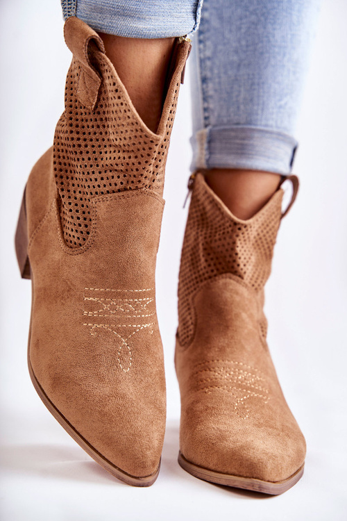 Zamszowe Ażurowe Botki Kowbojki Z Przeszyciem Camel Elvire