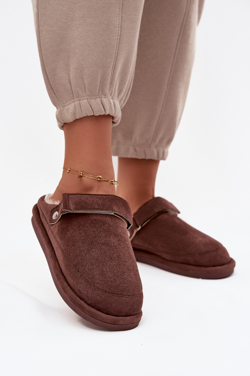 Kapcie Damskie Z Paskiem Ocieplane Futerkiem Czekoladowe Rilena