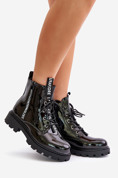 Lakierowane Botki Workery Damskie Ocieplane Z Napisami Czarne Zinfreya