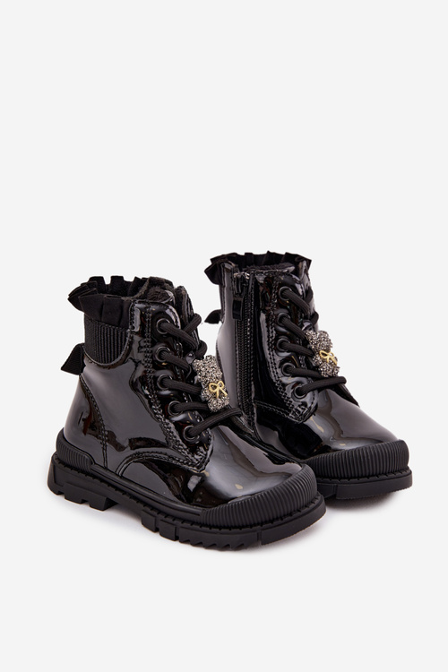 Lakierowane Botki Dziecięce Ocieplane Z Przypinką Miś Czarne Fionessa