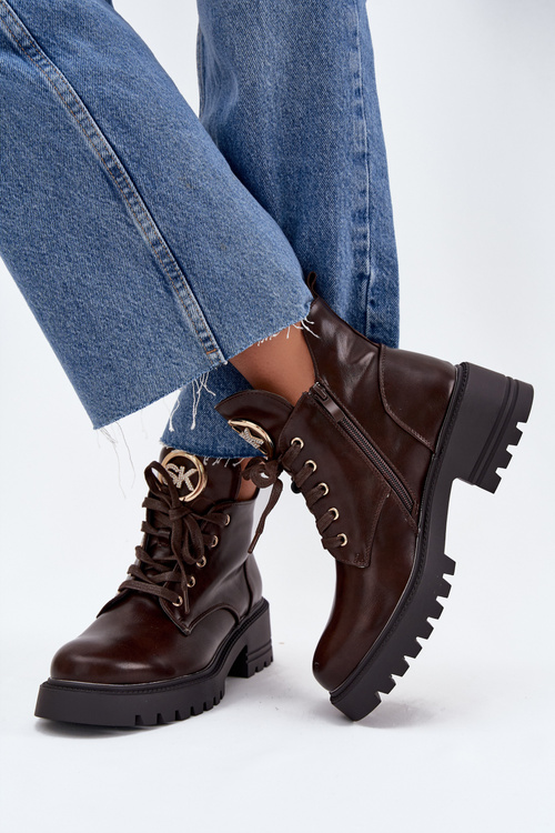 Ocieplane Botki Damskie Ze Złotym Detalem Czekoladowe Kavirae