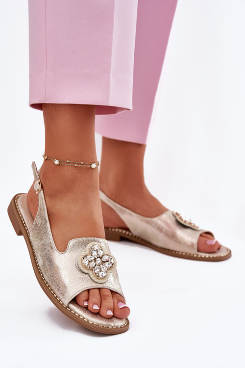 Sandały Damskie Na Płaskim Obcasie Z Ozdobnym Detalem S.Barski KV51-080 Złote