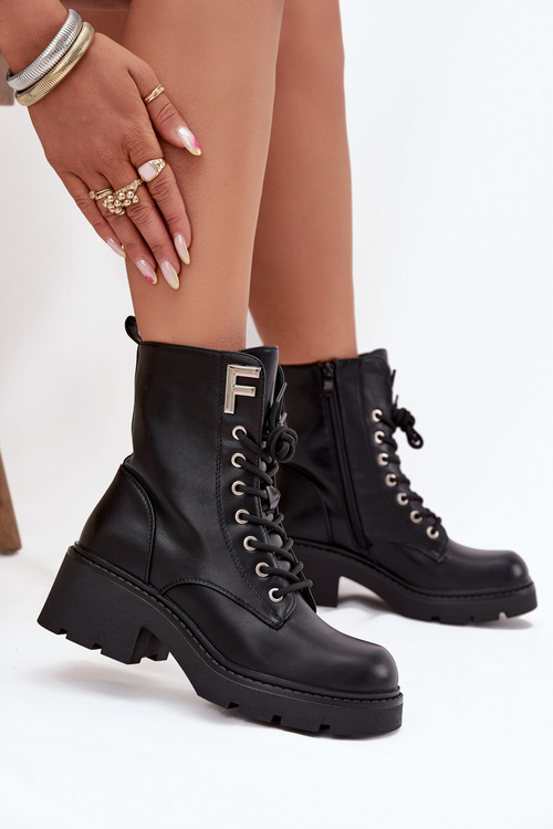 Botki Workery Damskie Na Klocku Ocieplane Z Literą F Czarne Lurina