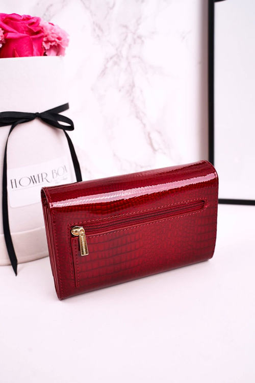 Duży Skórzany Portfel Damski GREGORIO Lakierowany Czerwony