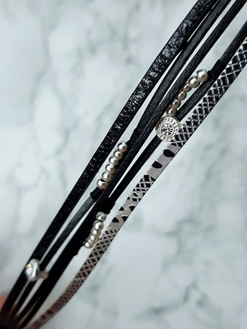 Damska Bransoleta Rzemień Czarna Koraliki Michiko