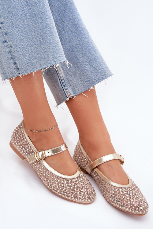 Zdobione Baleriny Damskie Z Paskiem I Klamrą Złote Avirae