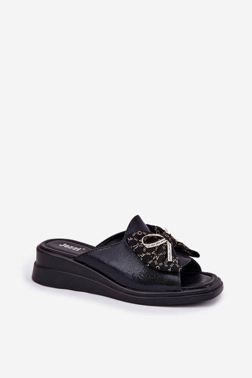 Klapki Damskie Na Koturnie Z Kokardą Czarne Moonzella