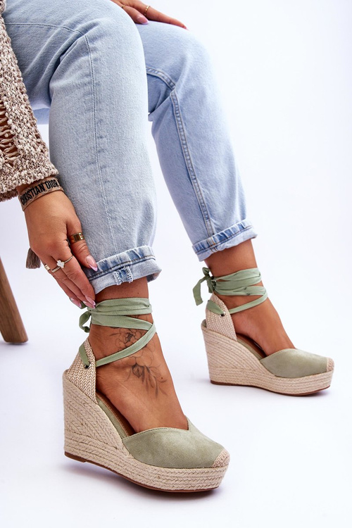 Damskie Wiązane Sandały Na Koturnie Zielone Bethany