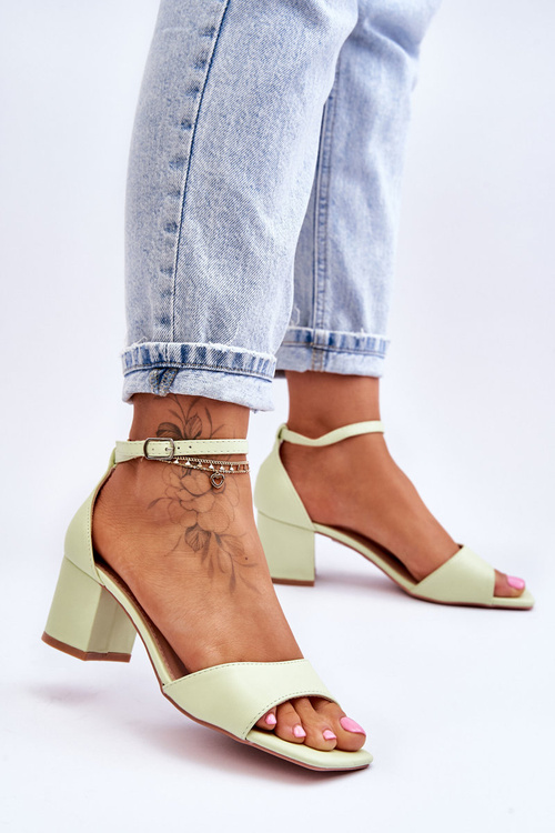 Sandały Skórzane Na Niskim Obcasie Jasnozielone Whitney