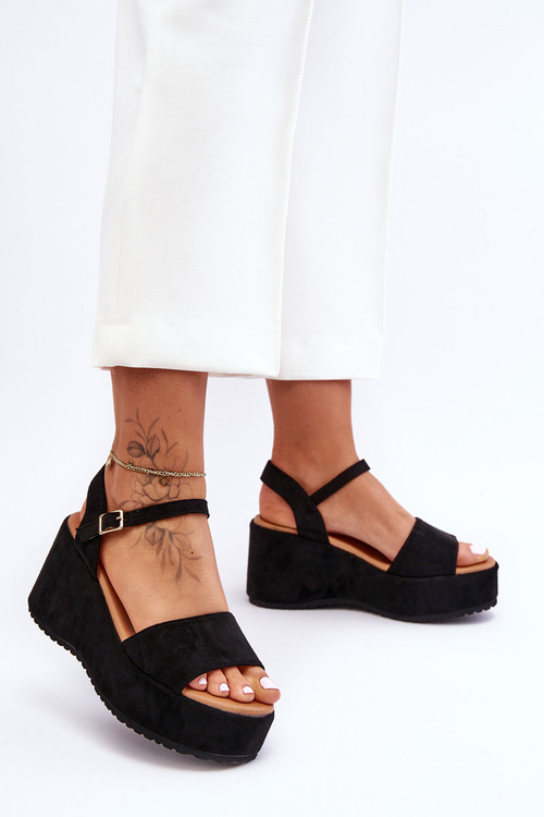 Damskie Zamszowe Sandałki Na Koturnie Czarne Lydia