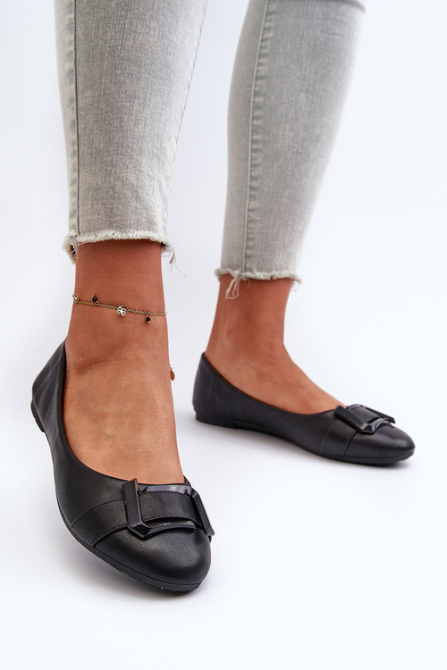 Baleriny Z Paskiem I Ozdobą Eko Skórzane Czarne Cadwenla