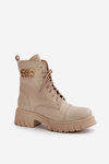 Zazoo 60486 Skórzane Botki Workery Ocieplane Ze Złotym Detalem Jasnobeżowe