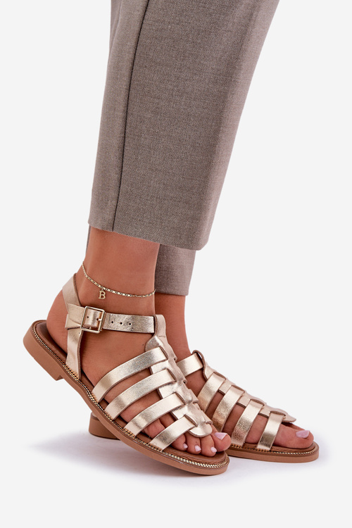 Skórzane Sandały Na Płaskim Obcasie Zazoo 3686 Złote