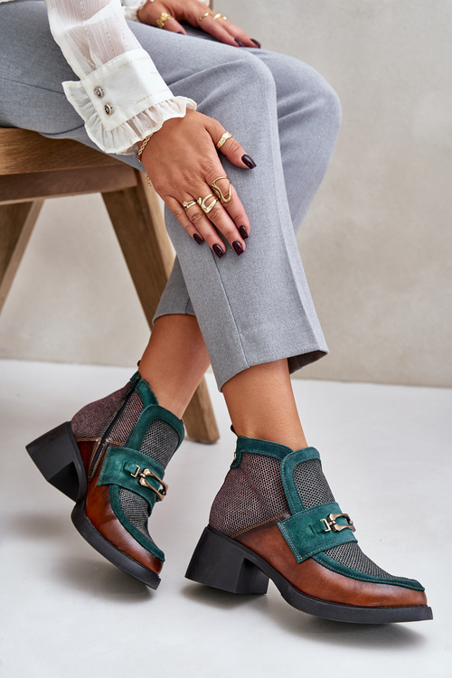 Skórzane Botki Damskie Na Masywnym Obcasie Z Ozdobą Maciejka A6747-29 Brązowo-Zielone