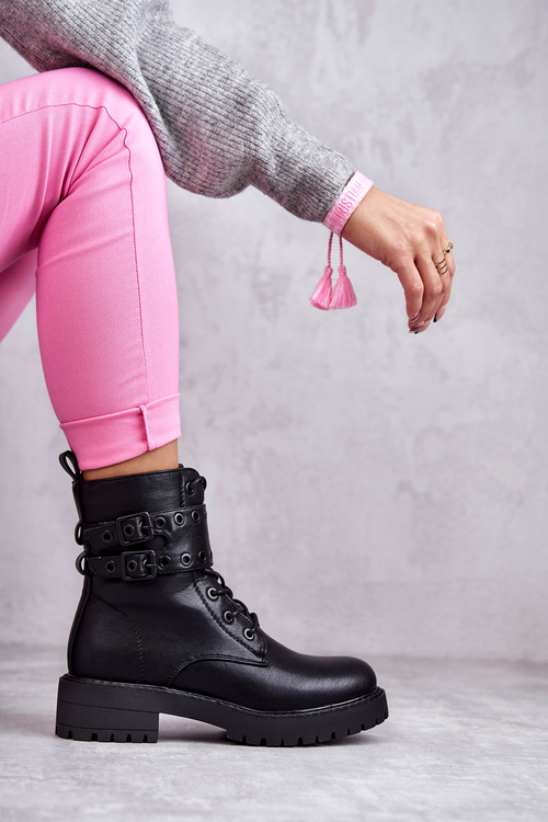 Damskie Skórzane Ocieplane Botki Czarne Silvor