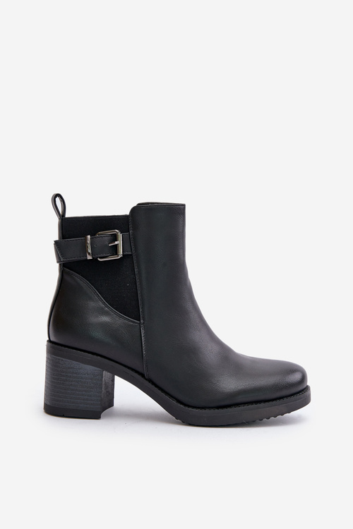 Ocieplane Botki Na Obcasie Eko Skórzane Z Klamrą Czarne Eriliana