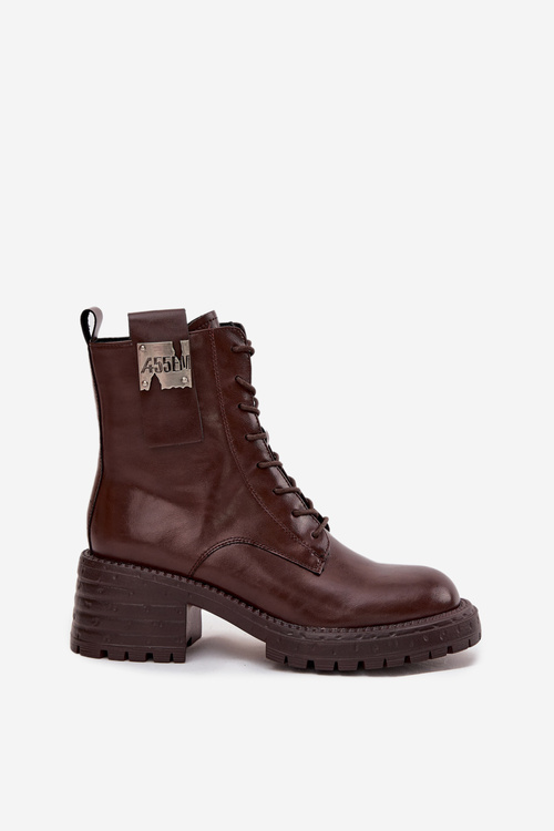 Skórzane Botki Workery Damskie Na Klocku Z Ozdobnym Detalem Artiker 57C0213 Brązowe