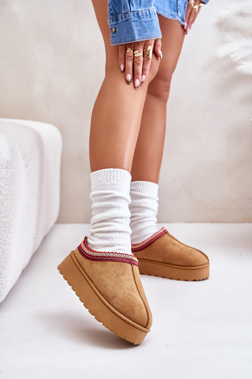 Śniegowce Damskie Na Platformie Ocieplane Futerkiem Camel Remenia