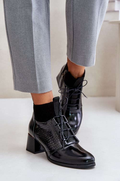 Zazoo 60503 Skórzane Botki Na Obcasie Ocieplane Czarne