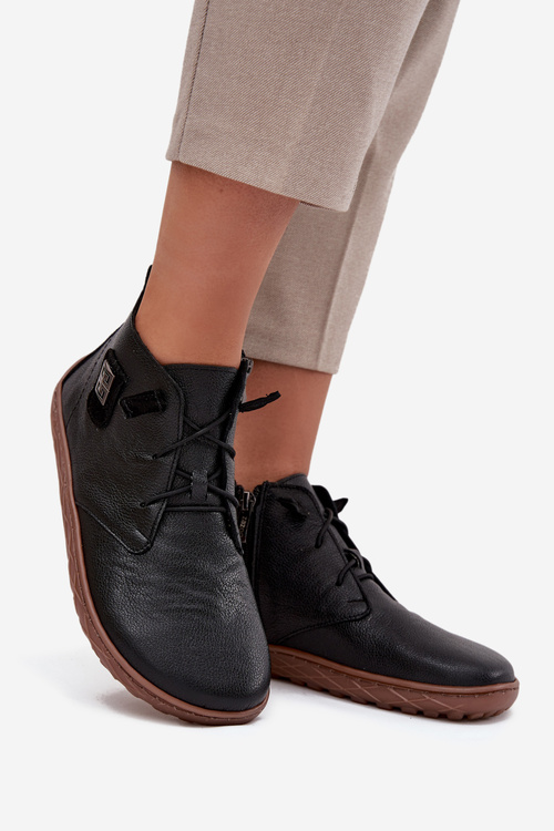 Skórzane Półbuty Barefoot Damskie Z Ozdobnym Detalem Zazoo 30072 Czarne