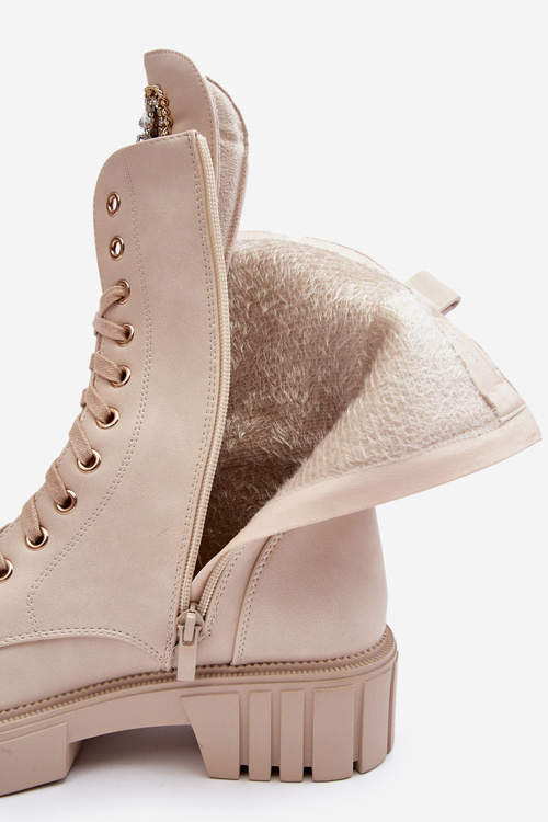 Skórzane Botki Workery Z Biżuteryjną Ozdobą Beżowe Marx