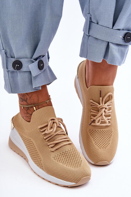 Materiałowe Wsuwane Buty Sportowe Na Koturnie Beżowe Visconti