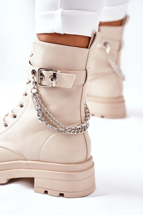 Beżowe Workery Botki z Łańcuchem Midtown