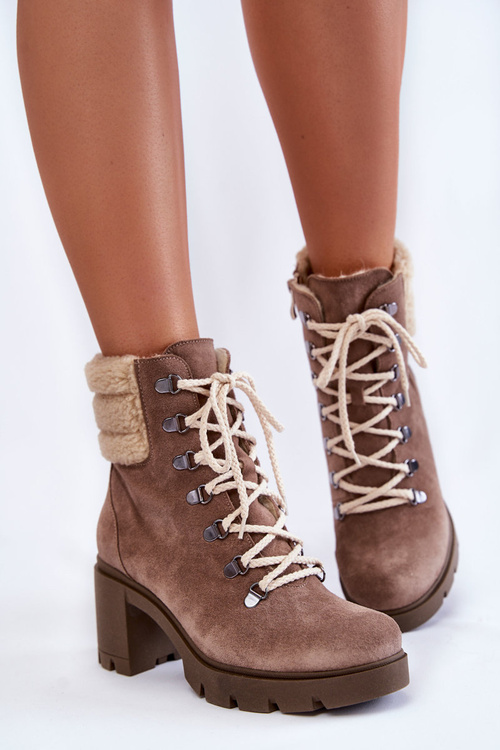 Damskie Zamszowe Botki Sznurowane Na Obcasie Brązowe Lemar Fenya