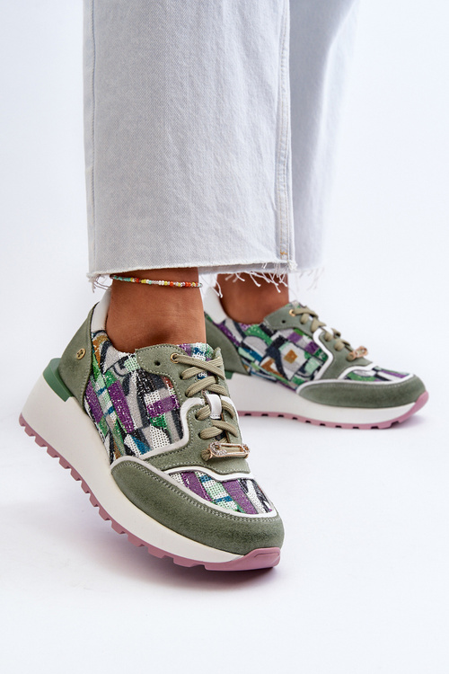 Skórzane Sneakersy Damskie Na Platformie Maciejka 06390-09 Seledynowe