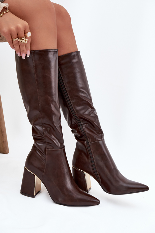 Kozaki Damskie Na Słupku Ze Złotym Elementem Czekoladowe Alessine