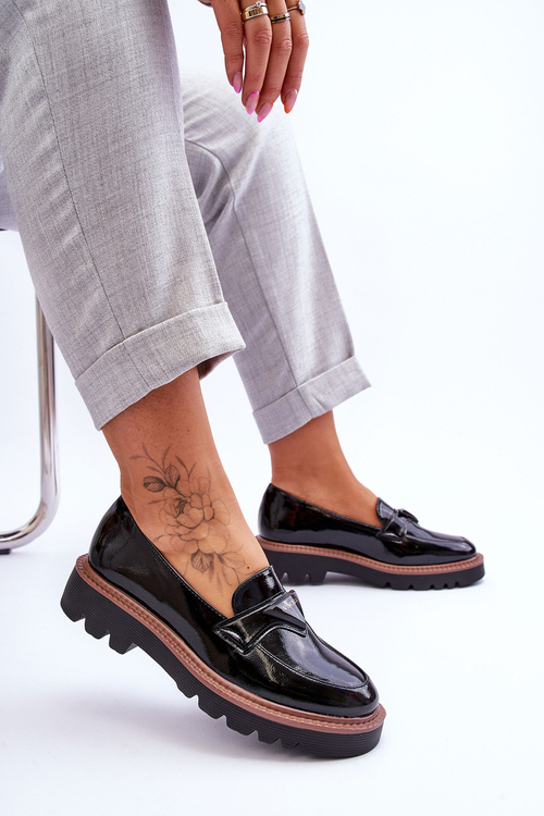 Lakierowane Damskie Mokasyny Na Platformie Z Ozdobą Czarne Jonett