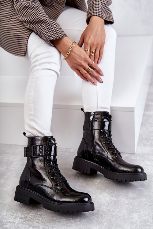 Damskie Botki Lakierowane Sznurowane Na Płaskim Obcasie Czarne Firmina