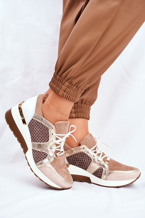 Skórzane Sneakersy Na Koturnie Beżowe Nicole 2562