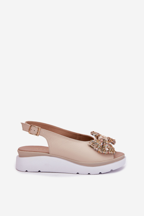 Skórzane Sandały Damskie Na Koturnie Z Kokardą Zazoo 1882 Beżowe