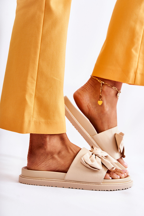 Klasyczne Damskie Klapki Skórzane Z Kokardą Beżowe Dessy