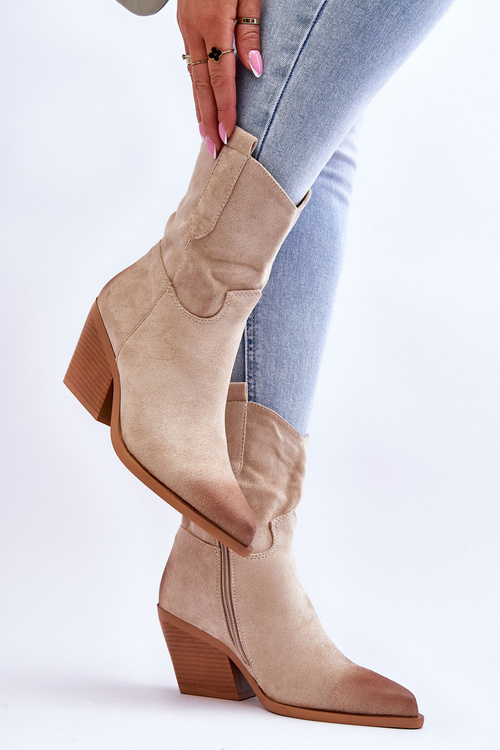 Zamszowe Wsuwane Botki Kowbojki Beżowe Sevilla